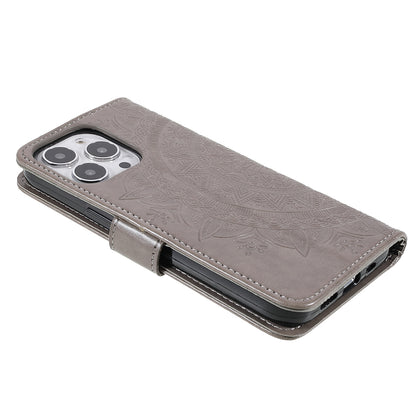 Anti-Scratch Imprinted Mandala Totem Pattern Leather Wallet Flip Protective Case Cover with Strap for iPhone 13 Pro Max 6.7 inch