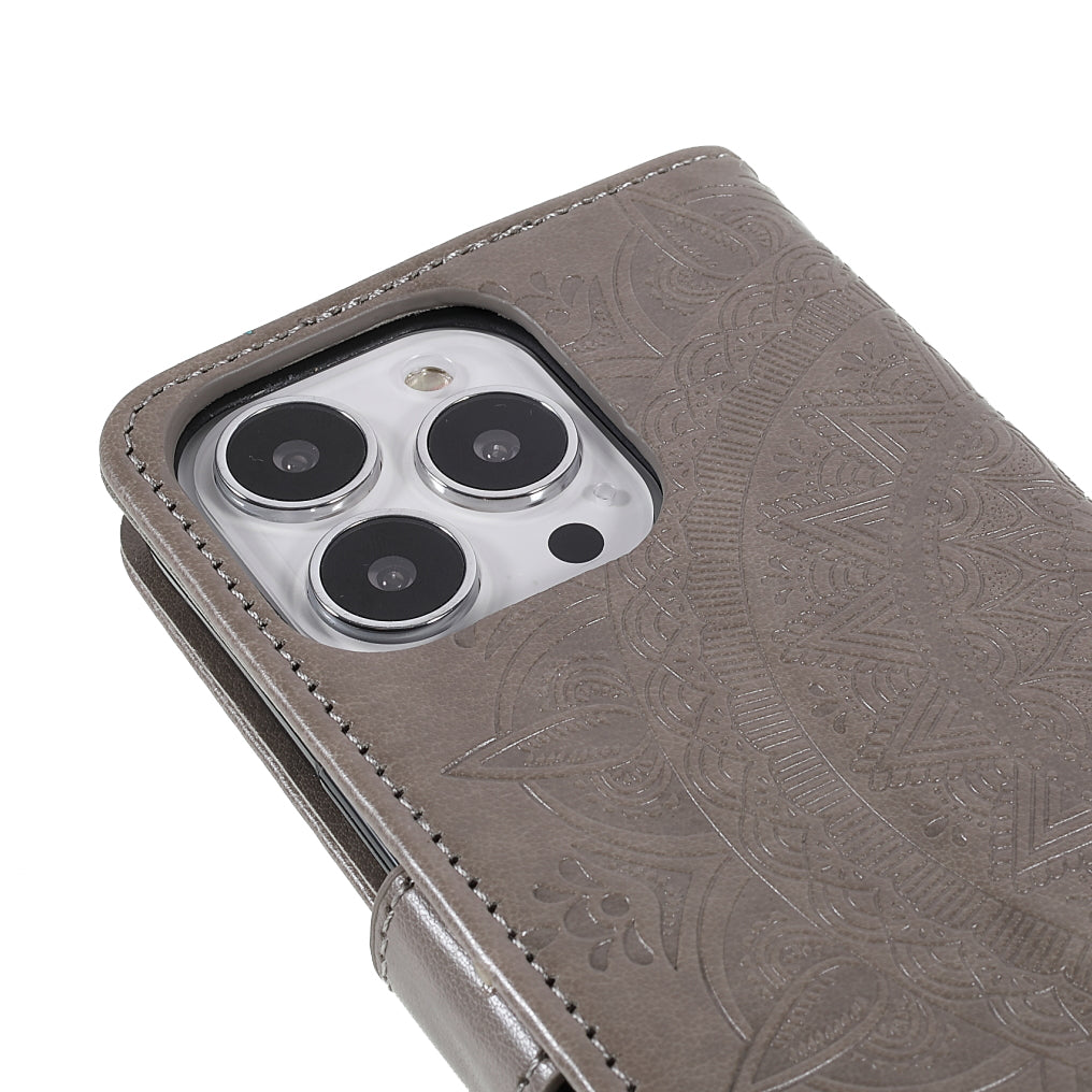 Anti-Scratch Imprinted Mandala Totem Pattern Leather Wallet Flip Protective Case Cover with Strap for iPhone 13 Pro Max 6.7 inch