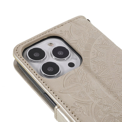 Anti-Scratch Imprinted Mandala Totem Pattern Leather Wallet Flip Protective Case Cover with Strap for iPhone 13 Pro Max 6.7 inch