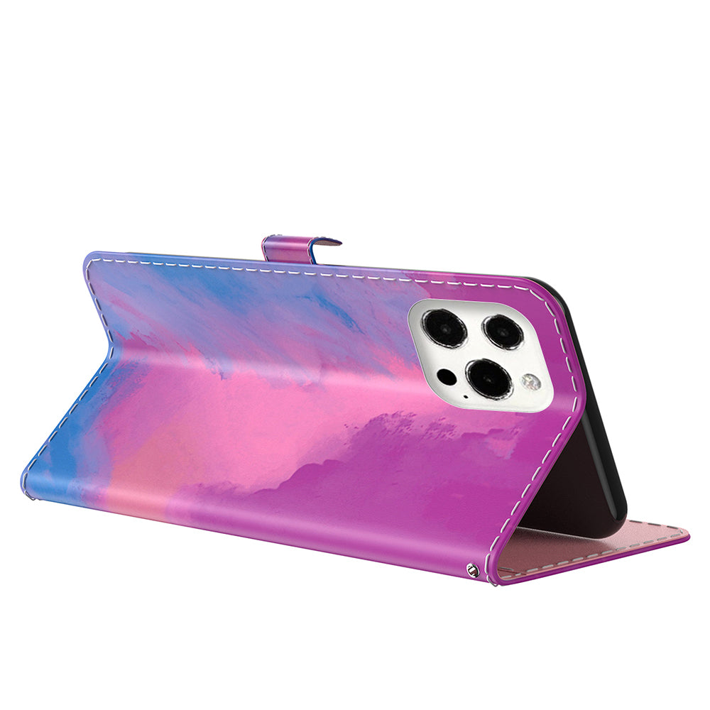Watercolor Pattern Premium PU Leather Folio Flip Stand Phone Cover for iPhone 13 Pro Max 6.7 inch
