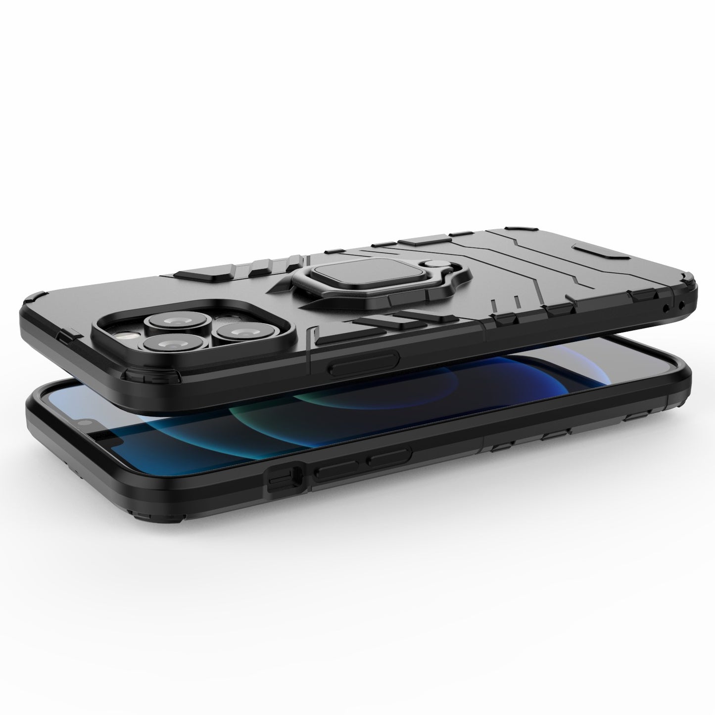 Well-protected 2-in-1 PC TPU Hybrid Cover Case with Ring Holder Kickstand for iPhone 13 Pro Max 6.7 inch