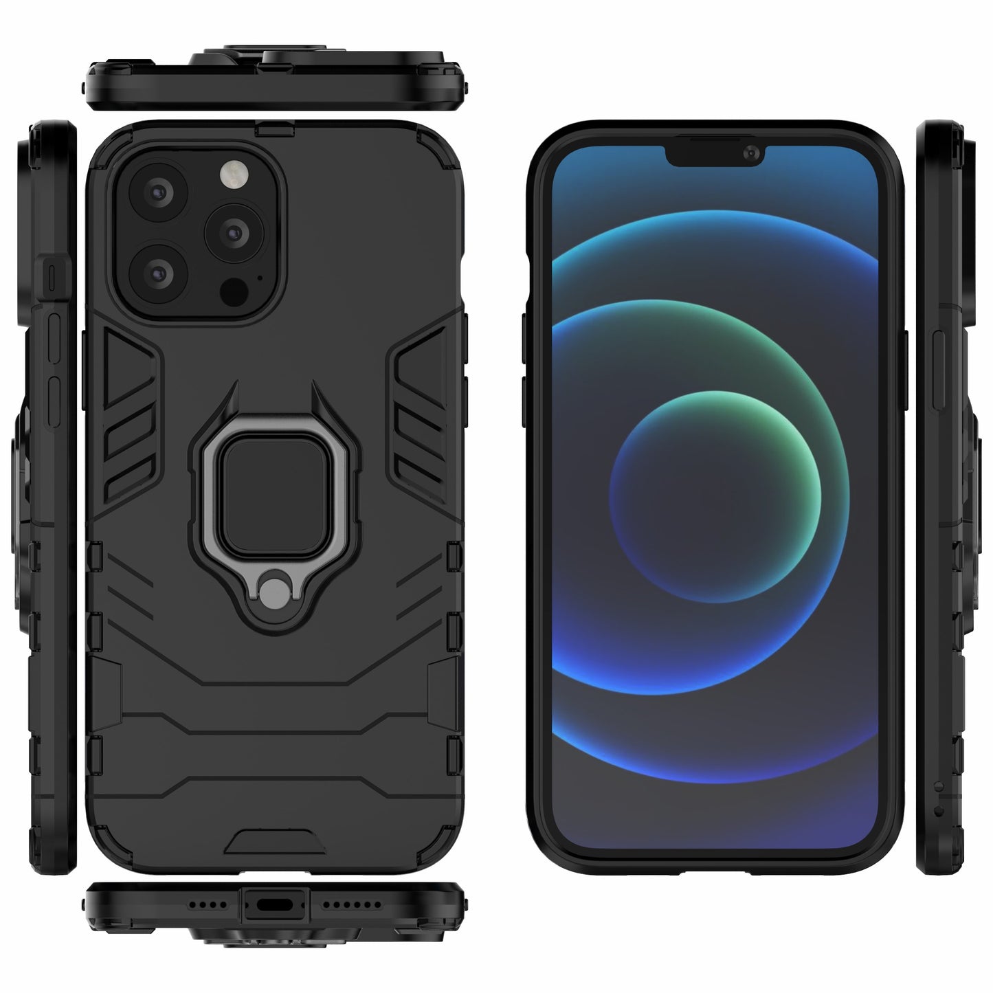 Well-protected 2-in-1 PC TPU Hybrid Cover Case with Ring Holder Kickstand for iPhone 13 Pro Max 6.7 inch