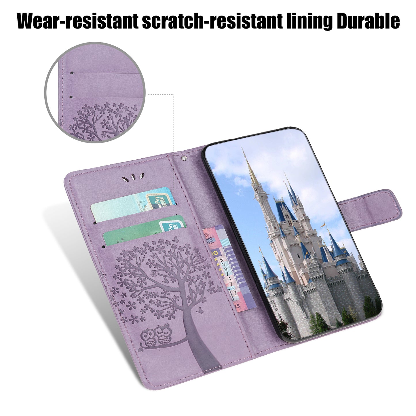 Owl Tree Imprint Wallet Stand Design PU Leather Case Protector with Wrist Strap for iPhone 13 Pro 6.1 inch