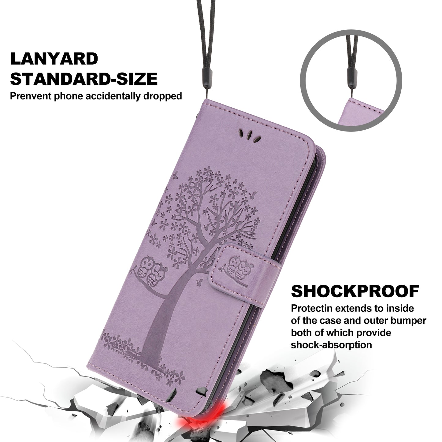 Owl Tree Imprint Wallet Stand Design PU Leather Case Protector with Wrist Strap for iPhone 13 Pro 6.1 inch