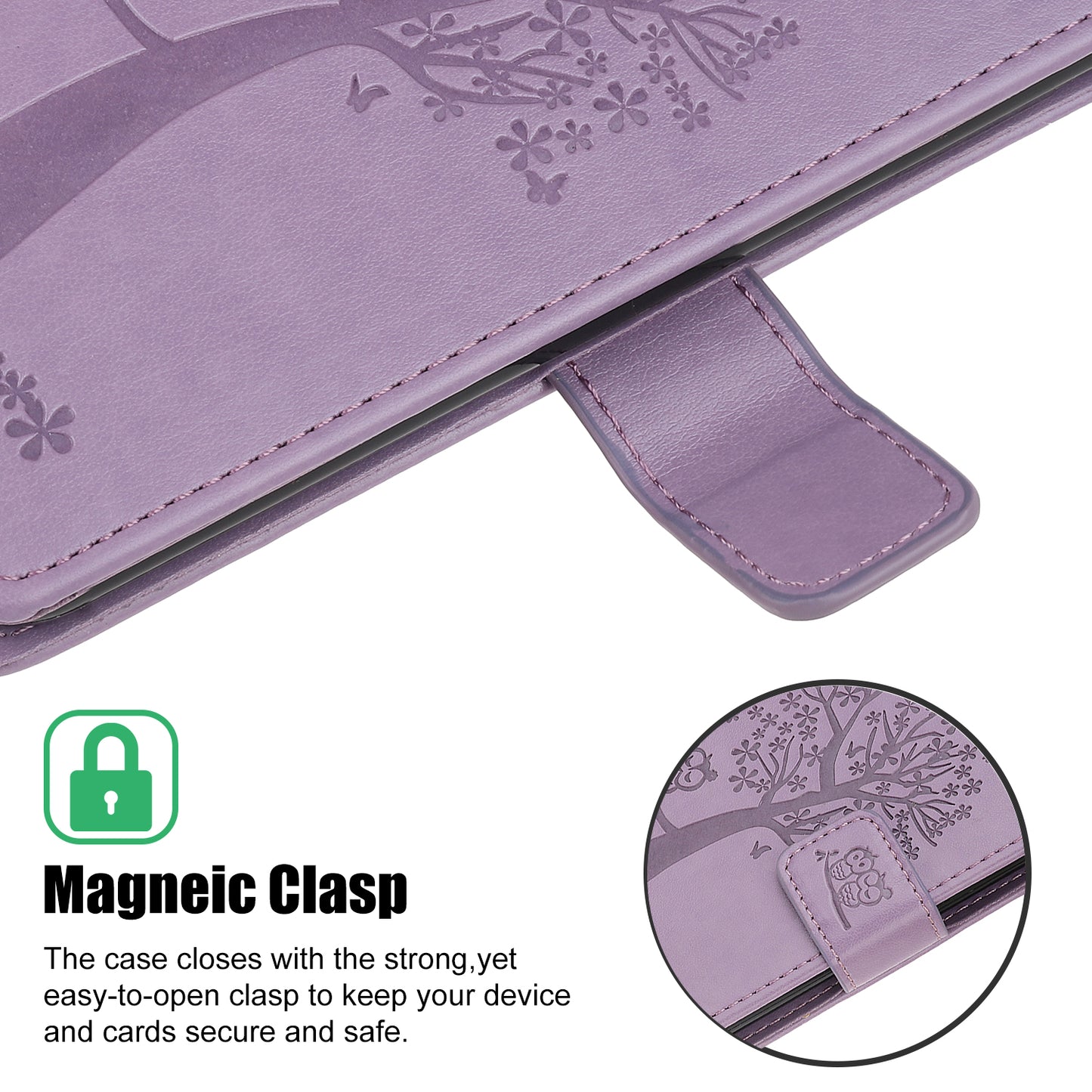 Owl Tree Imprint Wallet Stand Design PU Leather Case Protector with Wrist Strap for iPhone 13 Pro 6.1 inch
