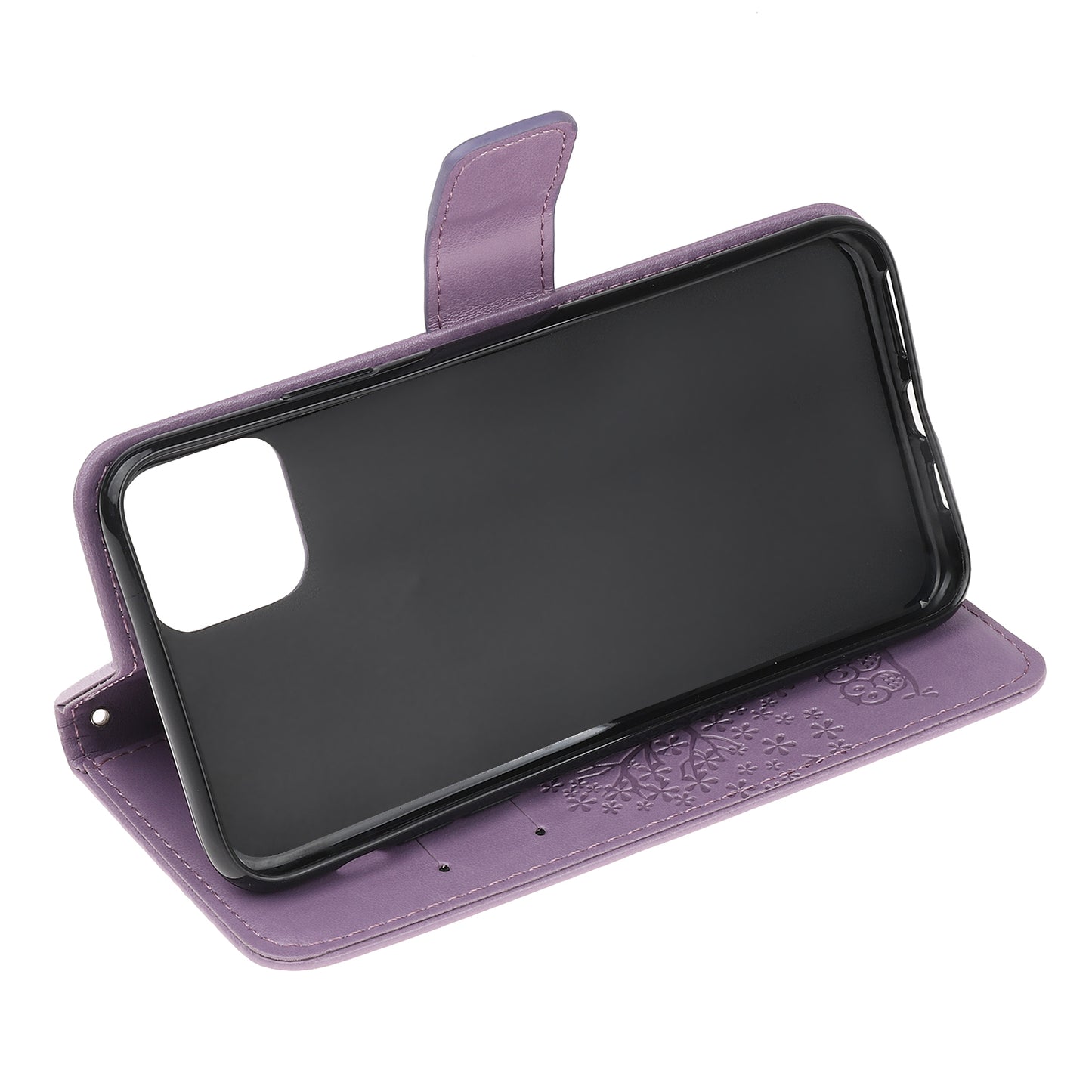 Owl Tree Imprint Wallet Stand Design PU Leather Case Protector with Wrist Strap for iPhone 13 Pro 6.1 inch