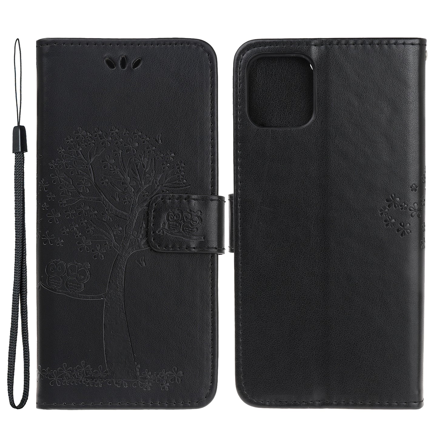 Owl Tree Imprint Wallet Stand Design PU Leather Case Protector with Wrist Strap for iPhone 13 Pro 6.1 inch