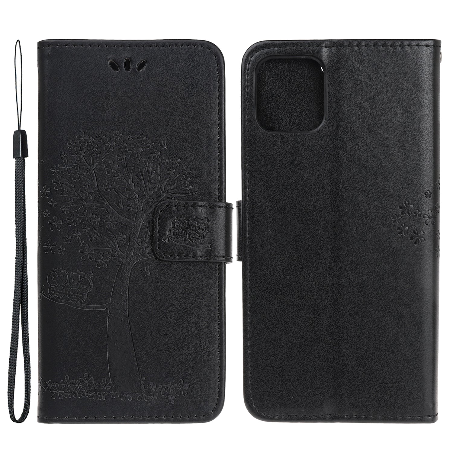Owl Tree Imprint Wallet Stand Design PU Leather Case Protector with Wrist Strap for iPhone 13 Pro 6.1 inch