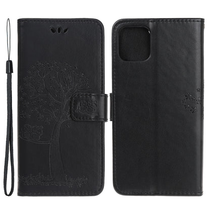 Owl Tree Imprint Wallet Stand Design PU Leather Case Protector with Wrist Strap for iPhone 13 Pro 6.1 inch