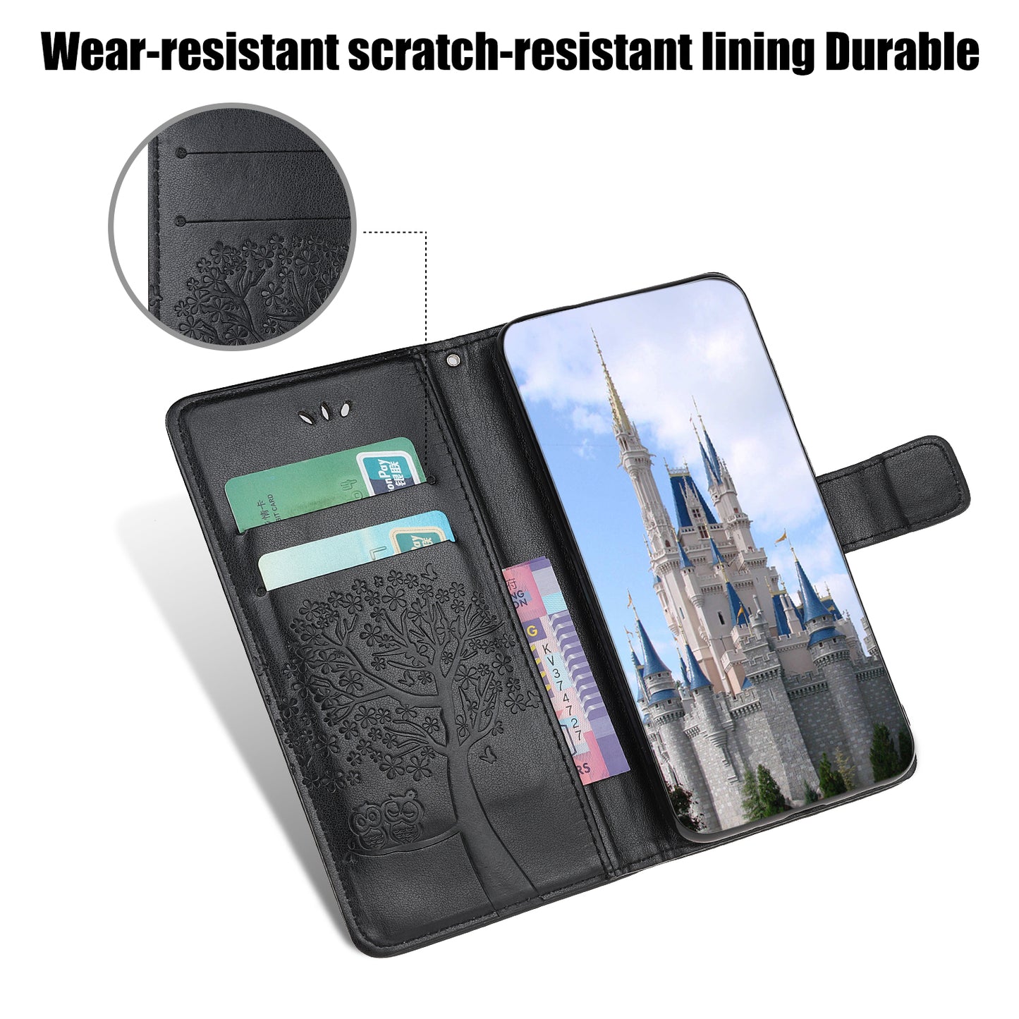 Owl Tree Imprint Wallet Stand Design PU Leather Case Protector with Wrist Strap for iPhone 13 Pro 6.1 inch