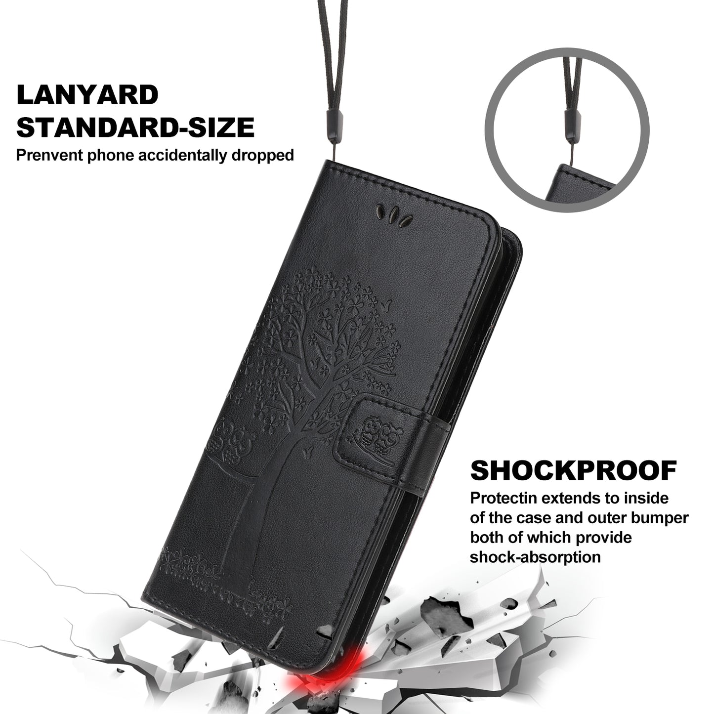 Owl Tree Imprint Wallet Stand Design PU Leather Case Protector with Wrist Strap for iPhone 13 Pro 6.1 inch