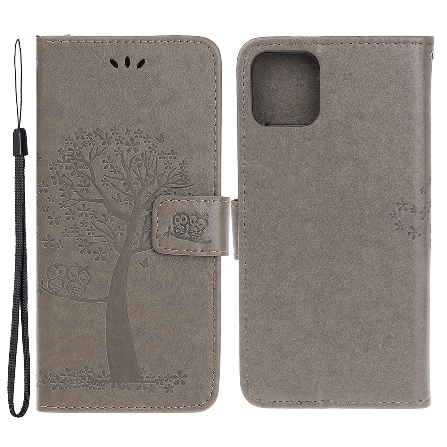 Owl Tree Imprint Wallet Stand Design PU Leather Case Protector with Wrist Strap for iPhone 13 Pro 6.1 inch