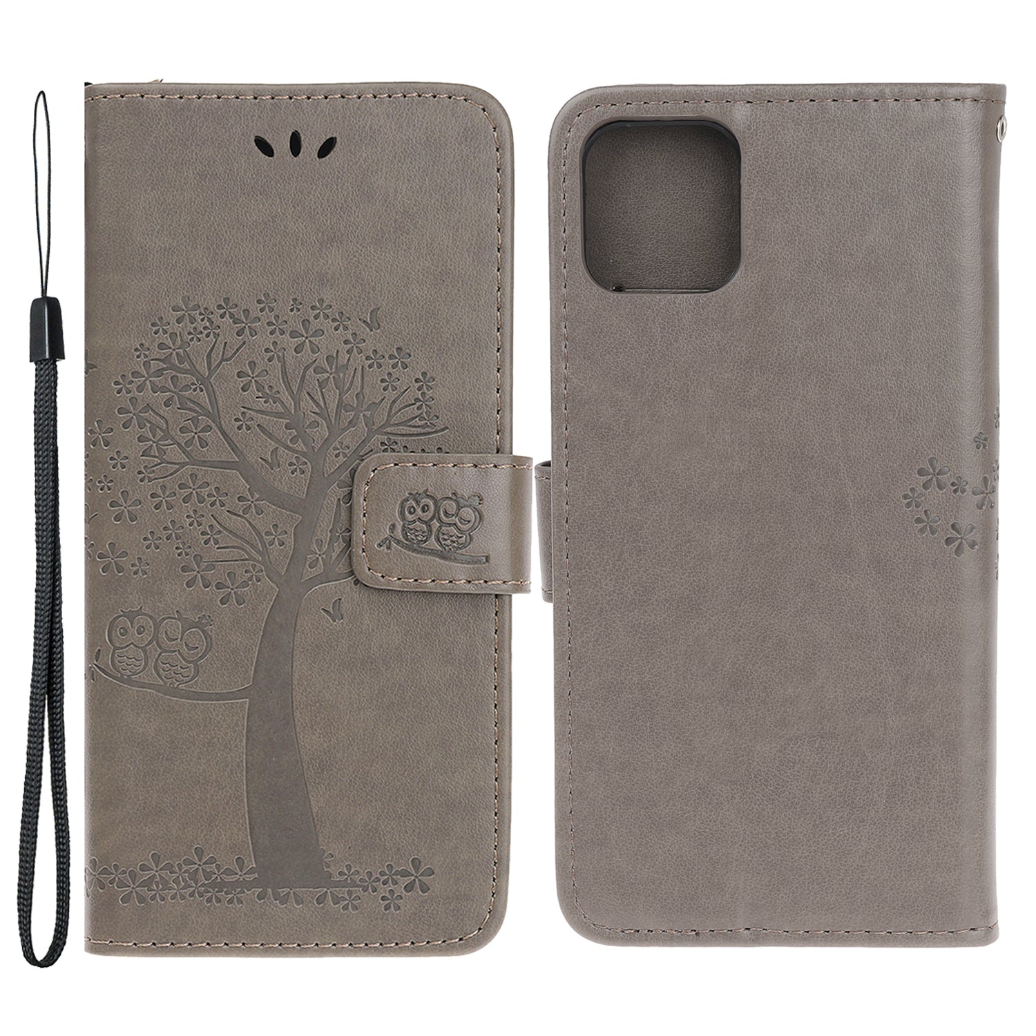 Owl Tree Imprint Wallet Stand Design PU Leather Case Protector with Wrist Strap for iPhone 13 Pro 6.1 inch