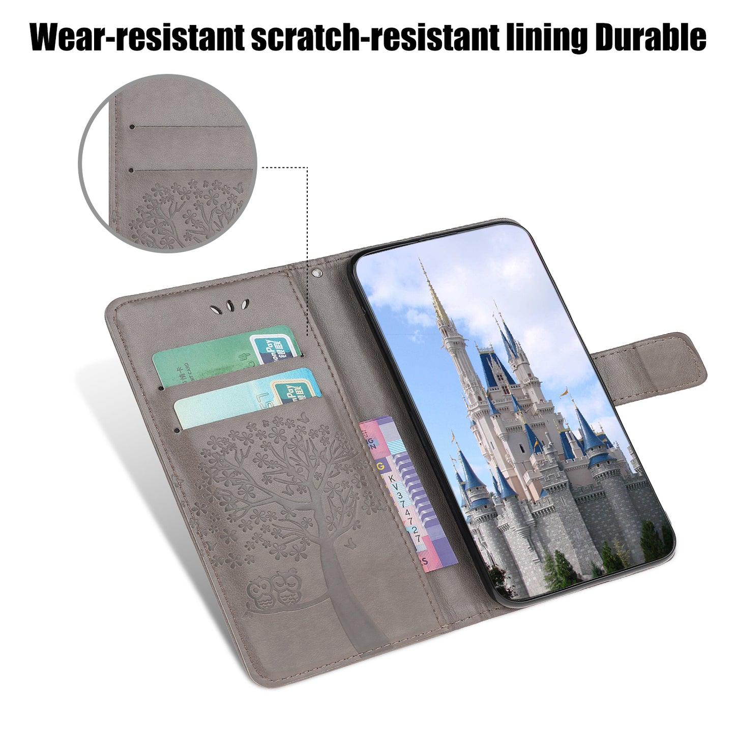 Owl Tree Imprint Wallet Stand Design PU Leather Case Protector with Wrist Strap for iPhone 13 Pro 6.1 inch