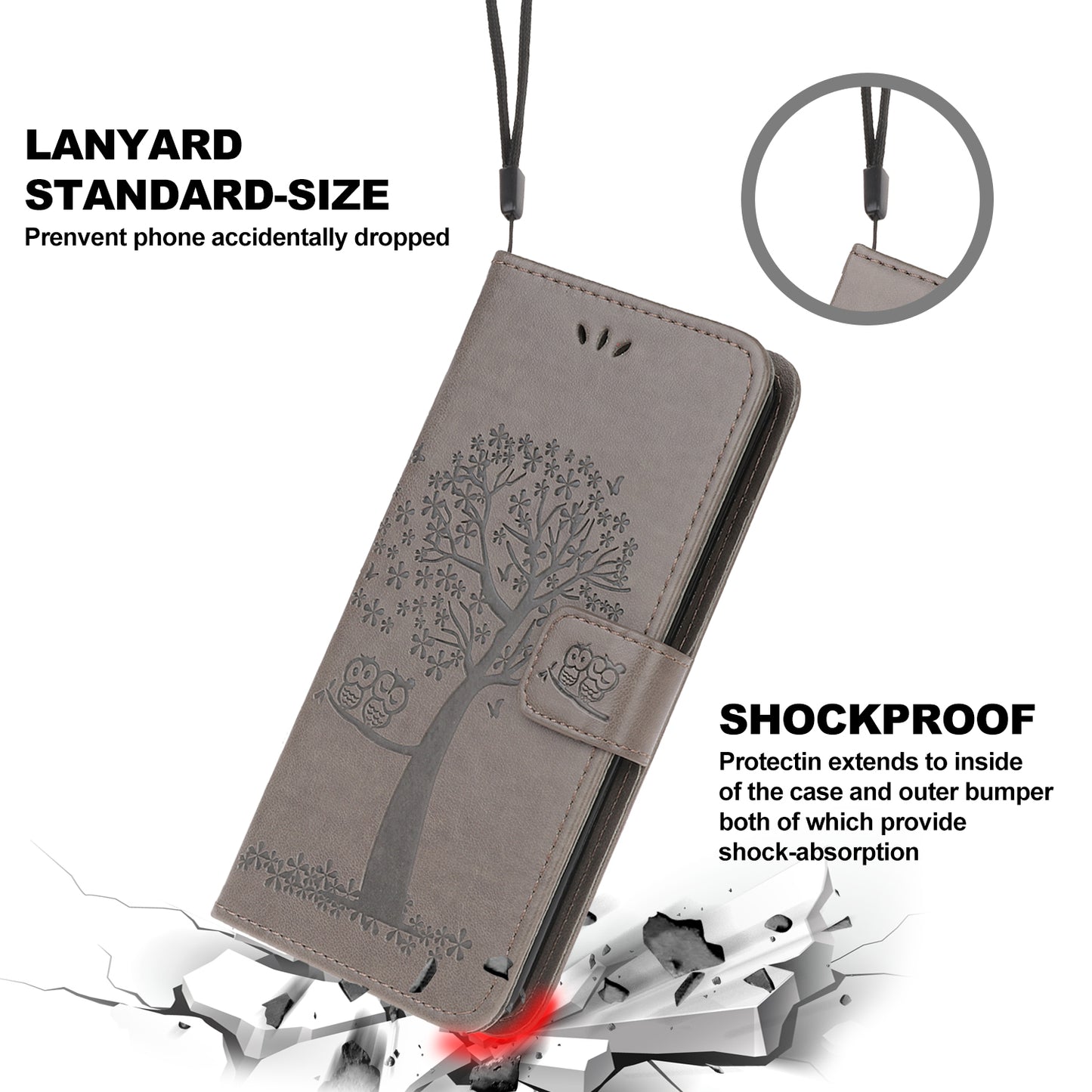 Owl Tree Imprint Wallet Stand Design PU Leather Case Protector with Wrist Strap for iPhone 13 Pro 6.1 inch