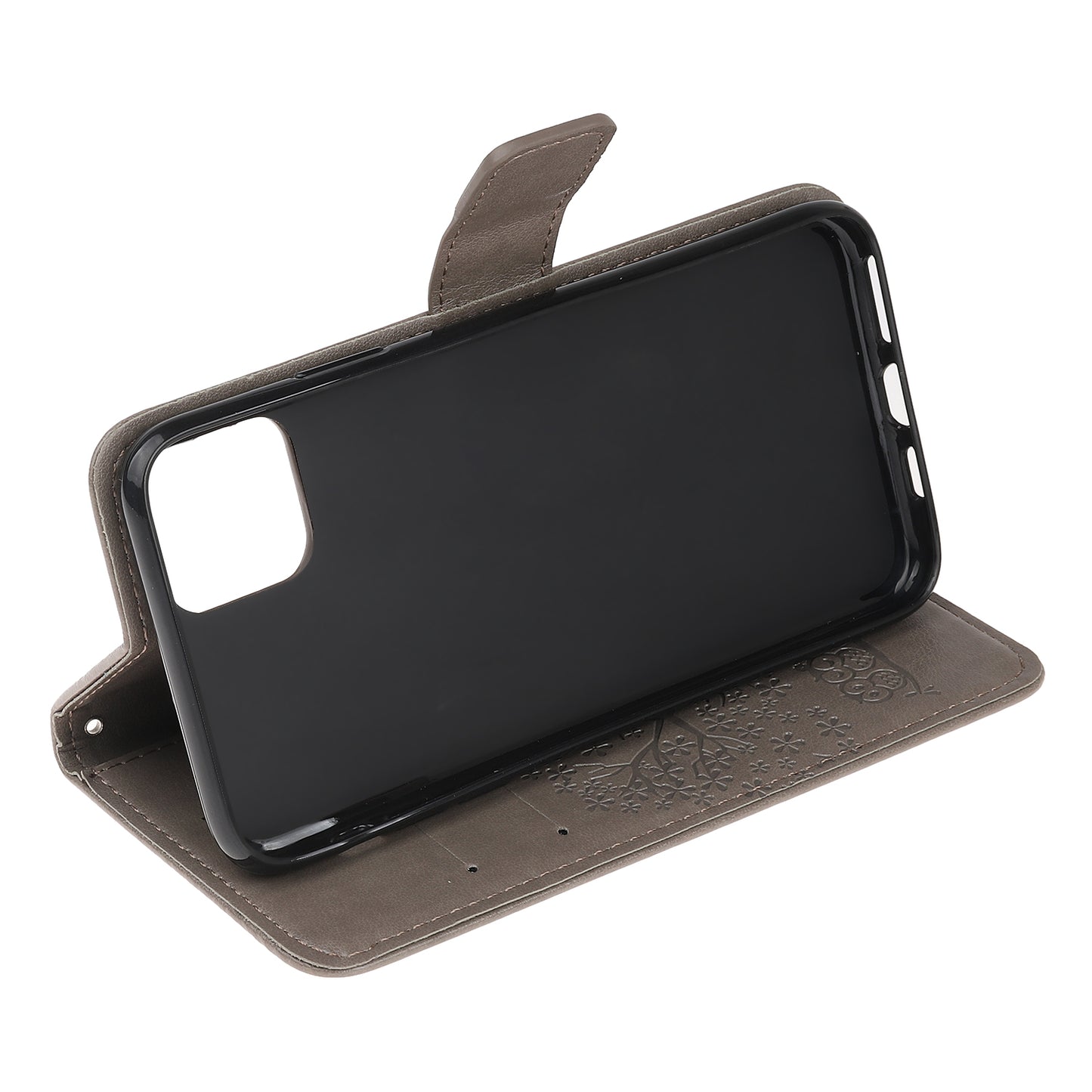 Owl Tree Imprint Wallet Stand Design PU Leather Case Protector with Wrist Strap for iPhone 13 Pro 6.1 inch
