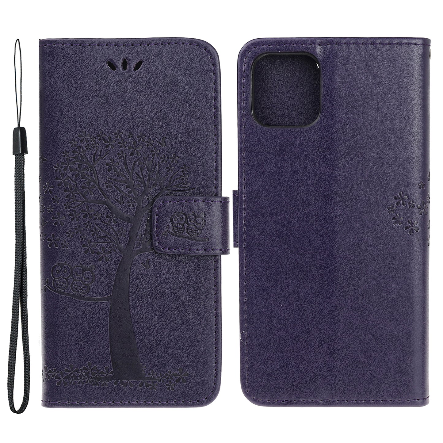 Owl Tree Imprint Wallet Stand Design PU Leather Case Protector with Wrist Strap for iPhone 13 Pro 6.1 inch