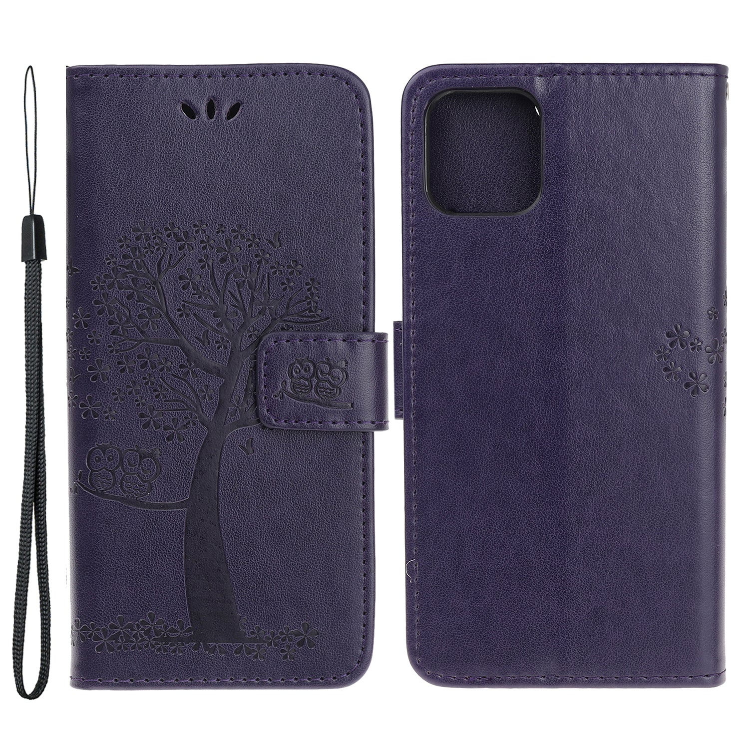 Owl Tree Imprint Wallet Stand Design PU Leather Case Protector with Wrist Strap for iPhone 13 Pro 6.1 inch