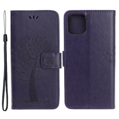 Owl Tree Imprint Wallet Stand Design PU Leather Case Protector with Wrist Strap for iPhone 13 Pro 6.1 inch
