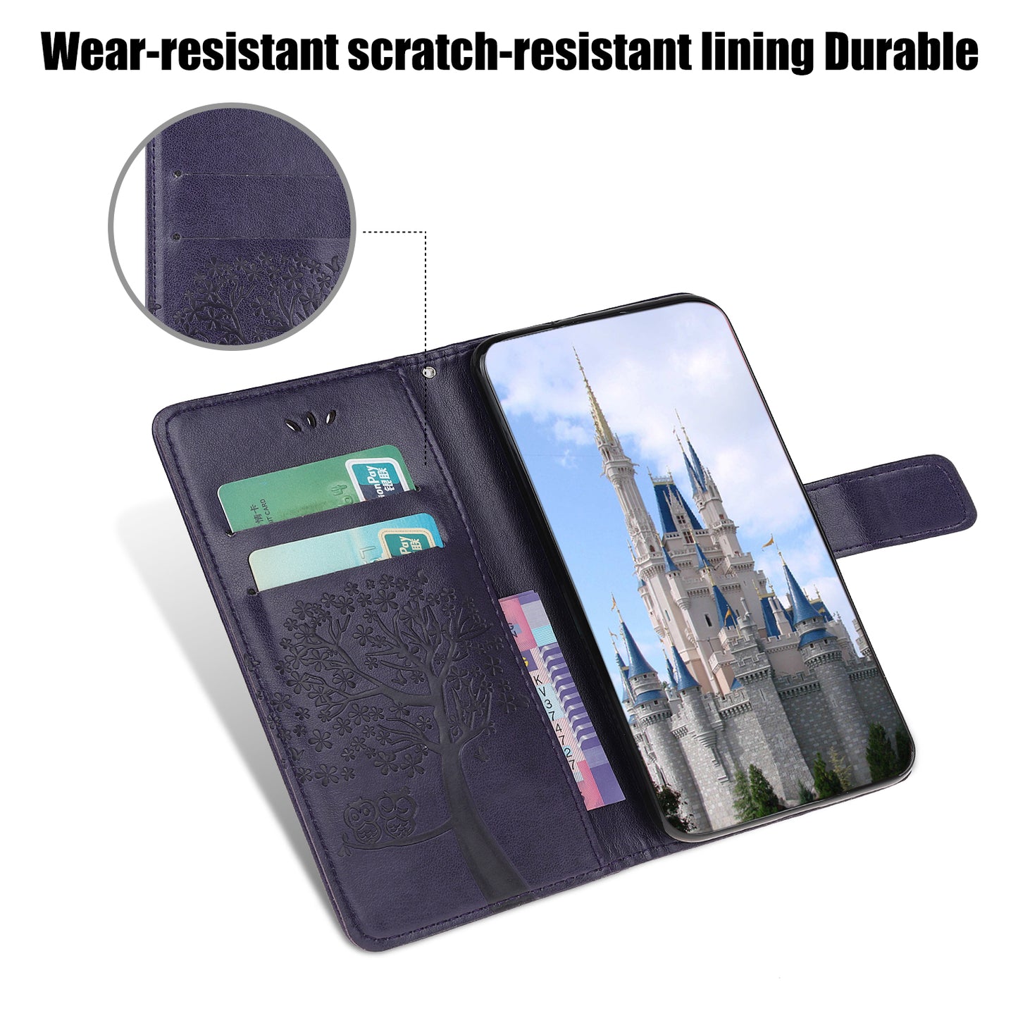 Owl Tree Imprint Wallet Stand Design PU Leather Case Protector with Wrist Strap for iPhone 13 Pro 6.1 inch