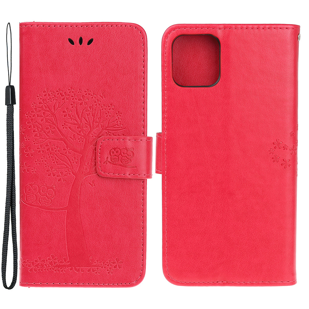 Owl Tree Imprint Wallet Stand Design PU Leather Case Protector with Wrist Strap for iPhone 13 Pro 6.1 inch
