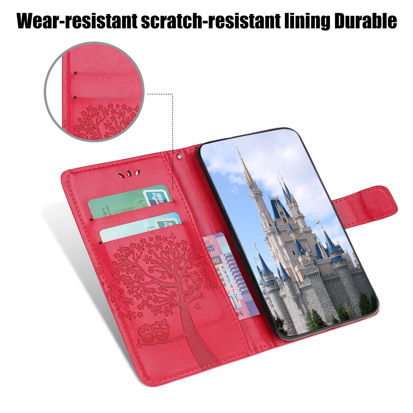 Owl Tree Imprint Wallet Stand Design PU Leather Case Protector with Wrist Strap for iPhone 13 Pro 6.1 inch
