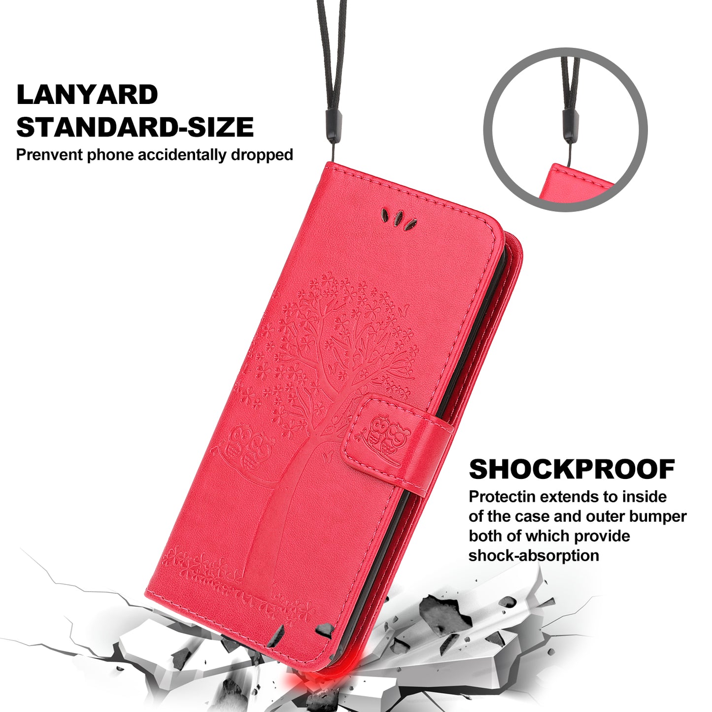 Owl Tree Imprint Wallet Stand Design PU Leather Case Protector with Wrist Strap for iPhone 13 Pro 6.1 inch
