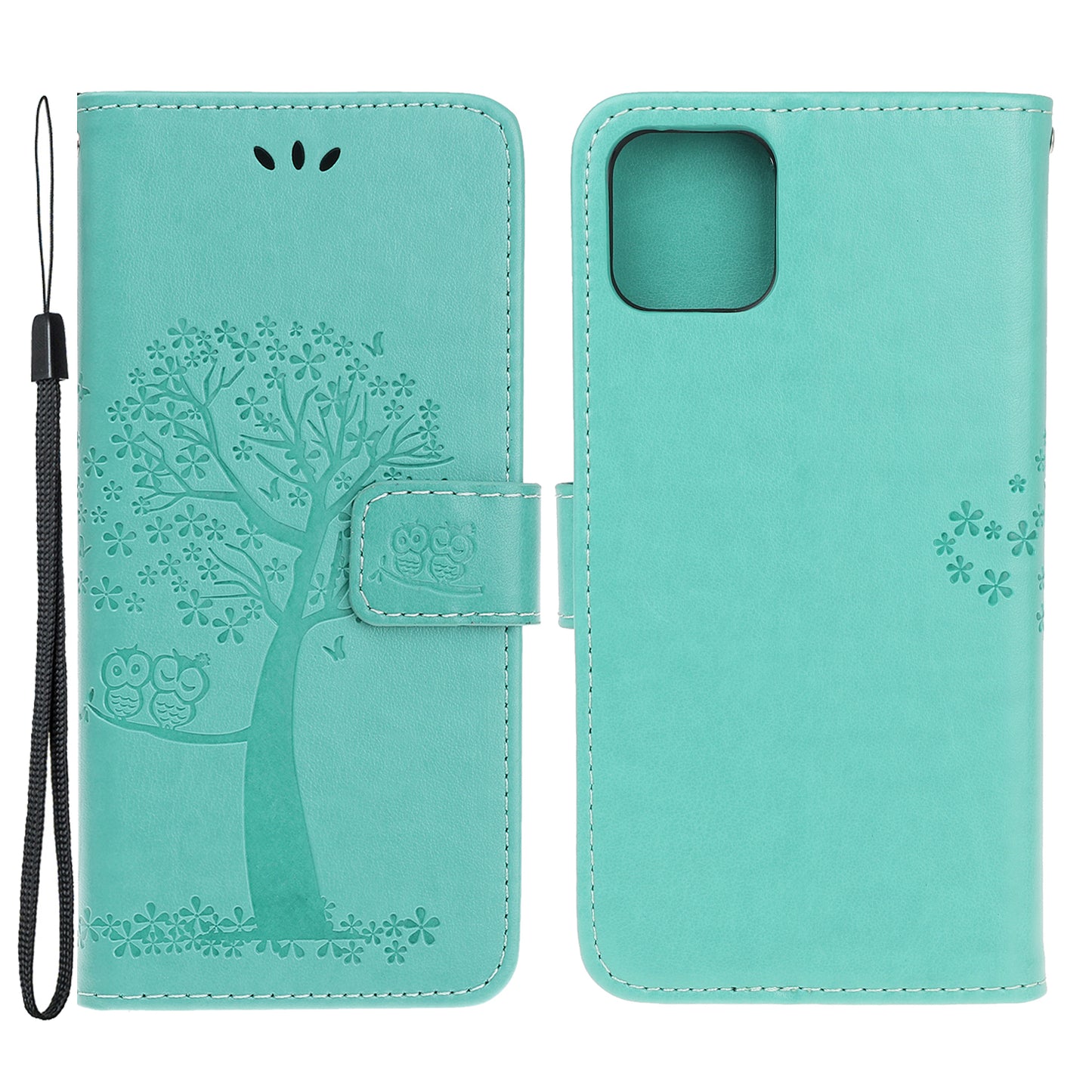 Owl Tree Imprint Wallet Stand Design PU Leather Case Protector with Wrist Strap for iPhone 13 Pro 6.1 inch