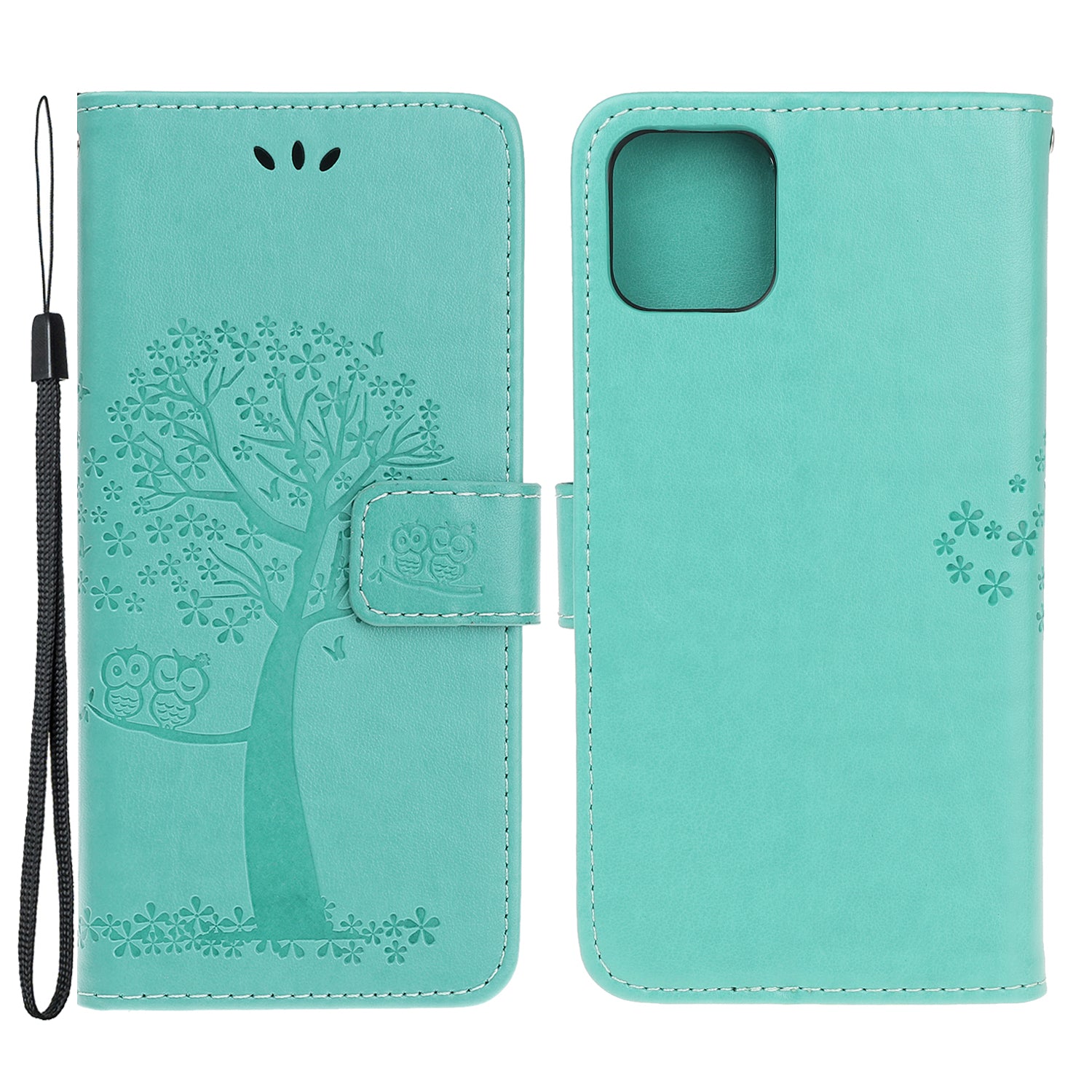 Owl Tree Imprint Wallet Stand Design PU Leather Case Protector with Wrist Strap for iPhone 13 Pro 6.1 inch
