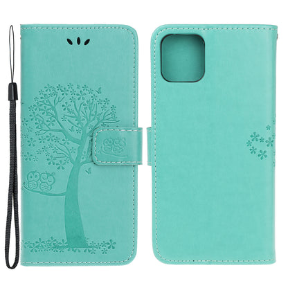 Owl Tree Imprint Wallet Stand Design PU Leather Case Protector with Wrist Strap for iPhone 13 Pro 6.1 inch