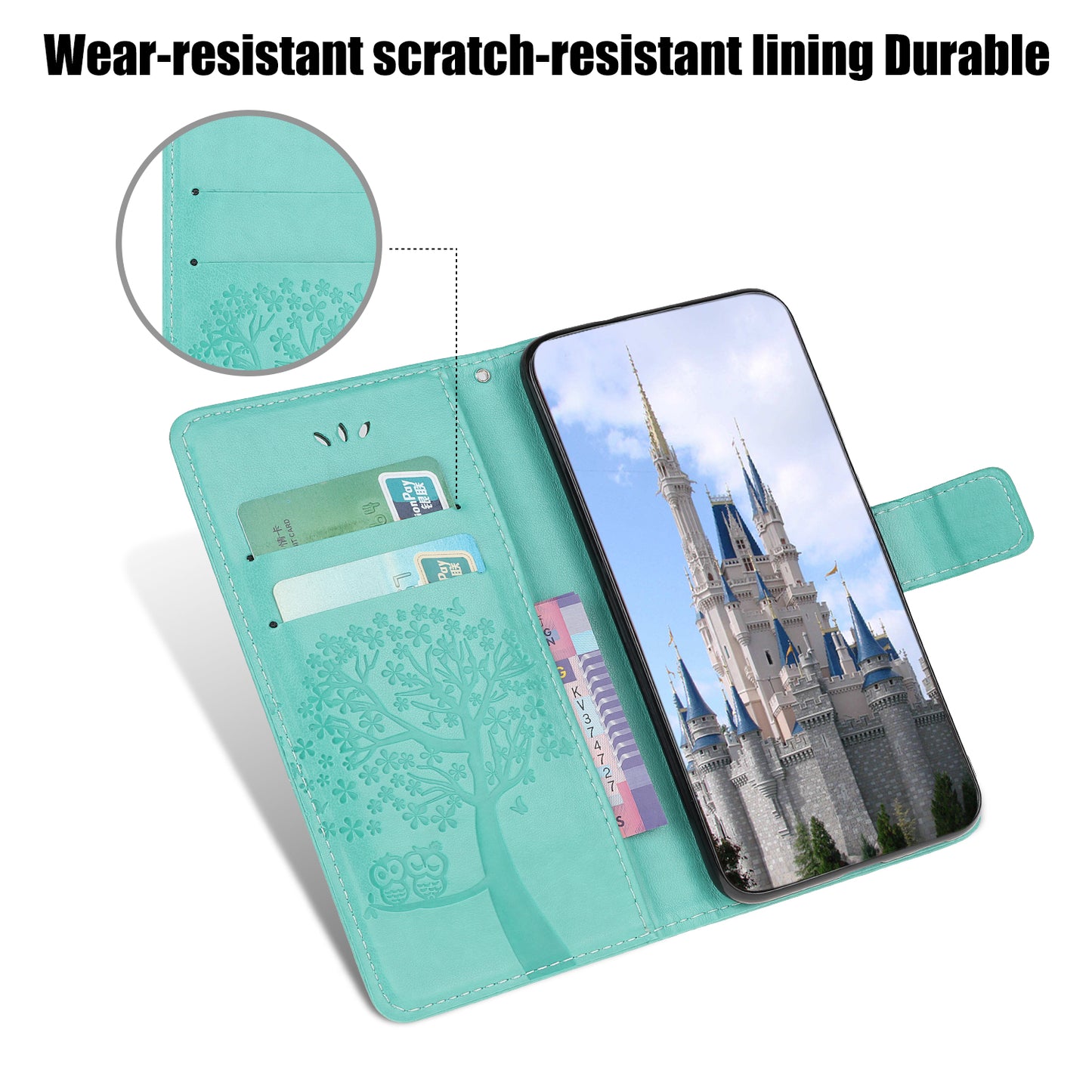 Owl Tree Imprint Wallet Stand Design PU Leather Case Protector with Wrist Strap for iPhone 13 Pro 6.1 inch