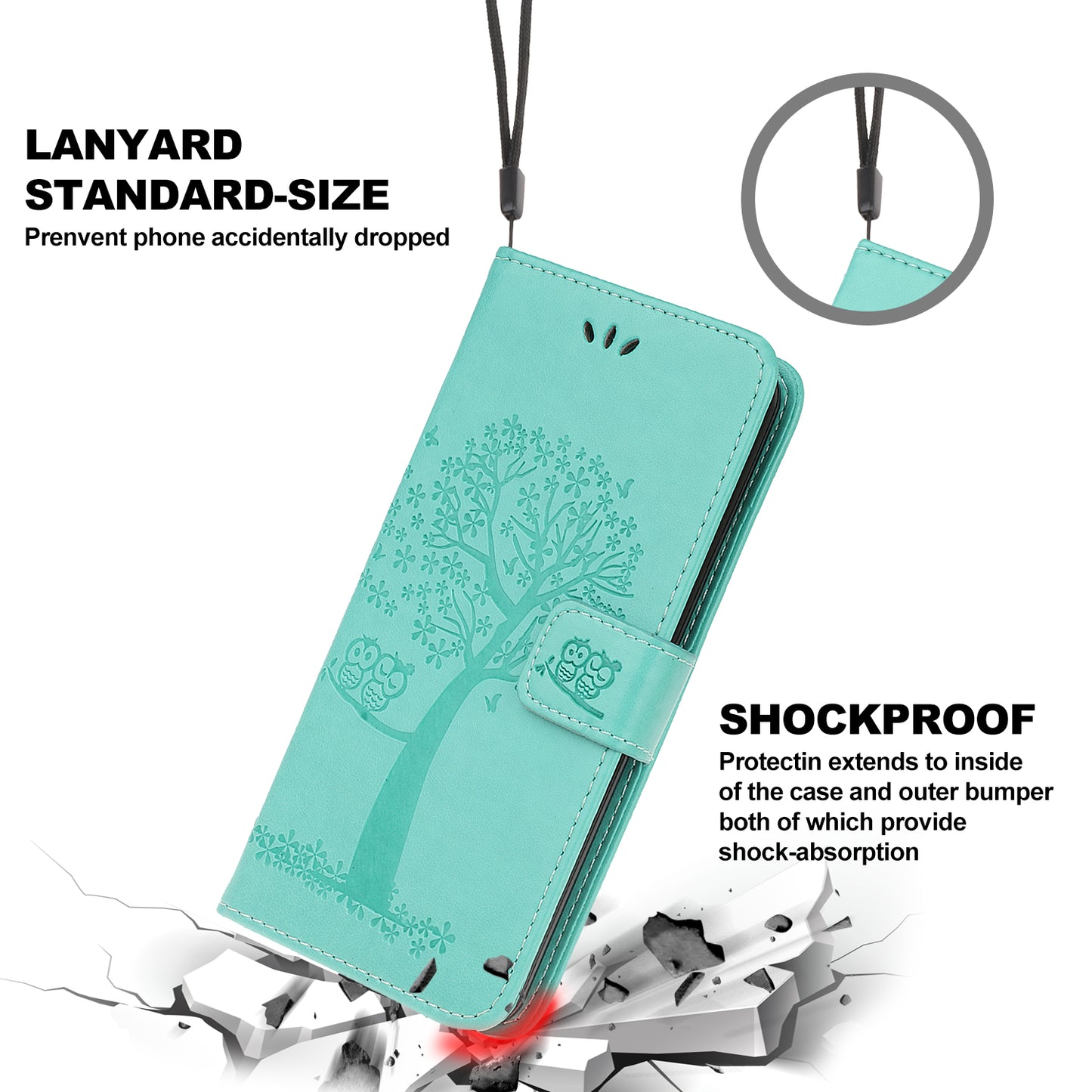 Owl Tree Imprint Wallet Stand Design PU Leather Case Protector with Wrist Strap for iPhone 13 Pro 6.1 inch