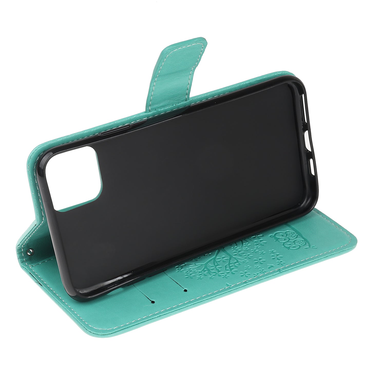 Owl Tree Imprint Wallet Stand Design PU Leather Case Protector with Wrist Strap for iPhone 13 Pro 6.1 inch