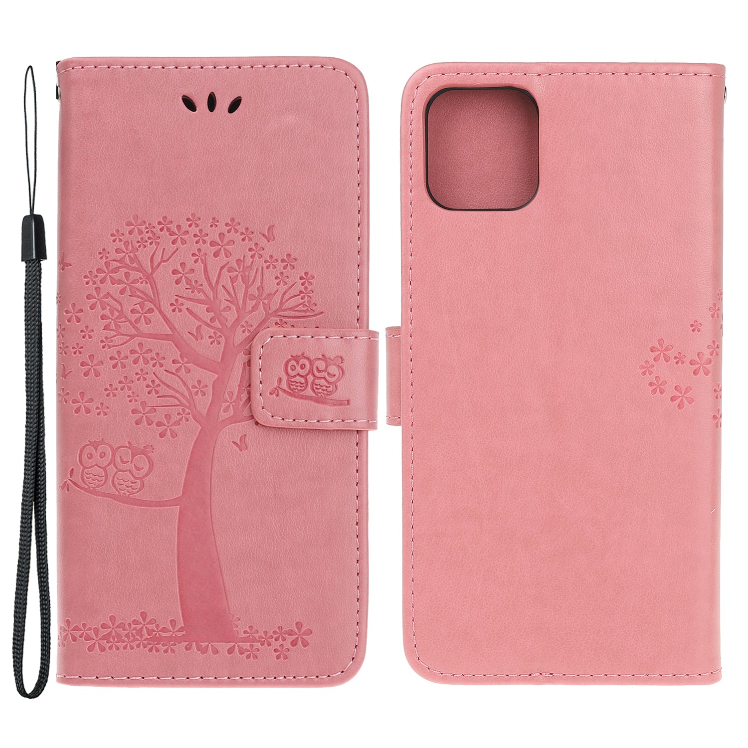 Owl Tree Imprint Wallet Stand Design PU Leather Case Protector with Wrist Strap for iPhone 13 Pro 6.1 inch