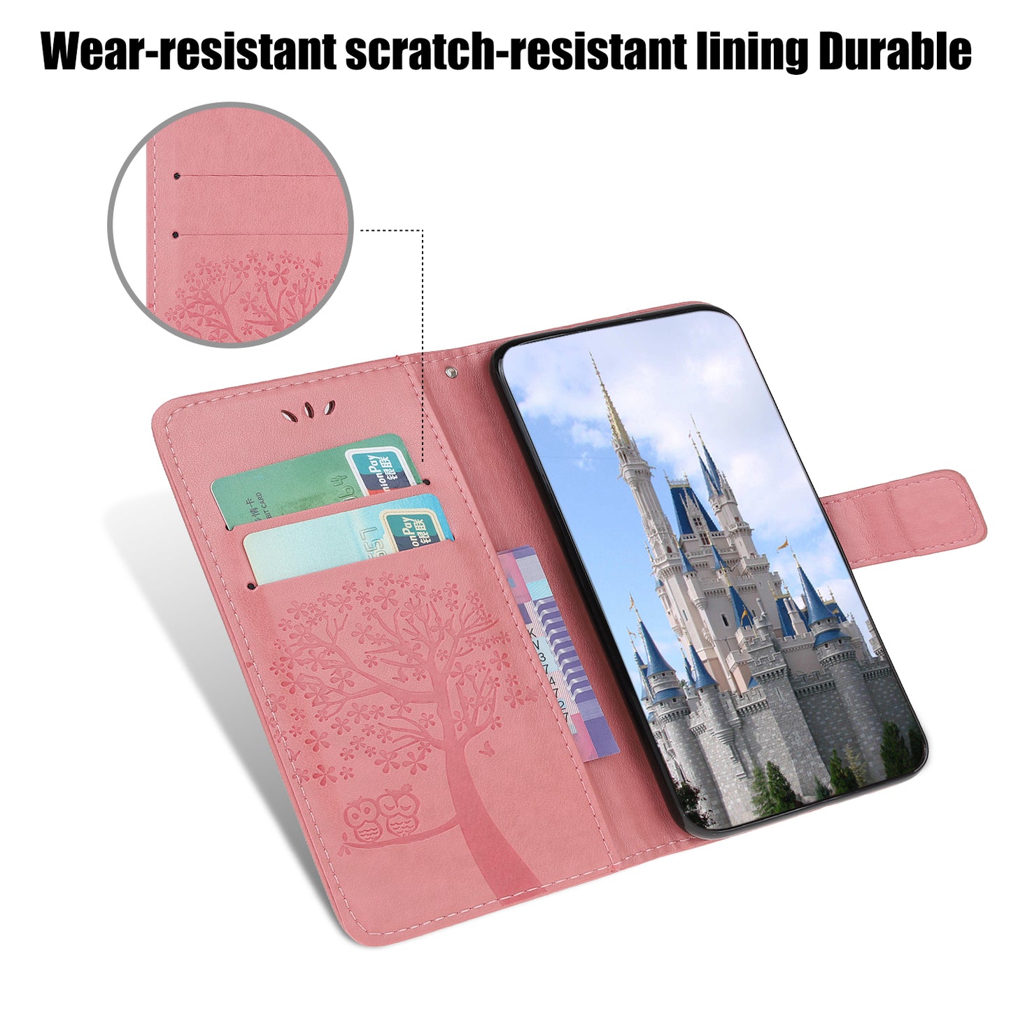Owl Tree Imprint Wallet Stand Design PU Leather Case Protector with Wrist Strap for iPhone 13 Pro 6.1 inch