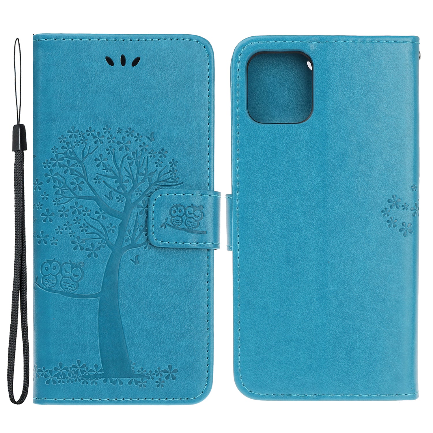 Owl Tree Imprint Wallet Stand Design PU Leather Case Protector with Wrist Strap for iPhone 13 Pro 6.1 inch