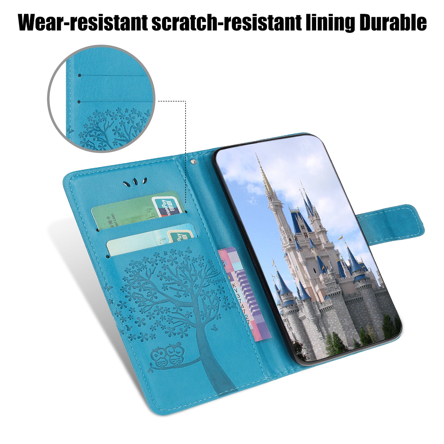 Owl Tree Imprint Wallet Stand Design PU Leather Case Protector with Wrist Strap for iPhone 13 Pro 6.1 inch