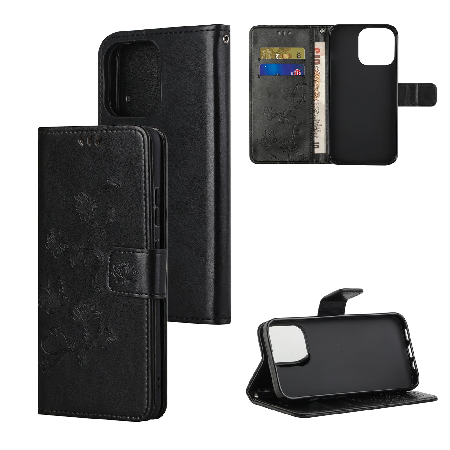Imprint Butterfly Flower Leather Wallet Stand Phone Case Cover for iPhone 13 Pro
