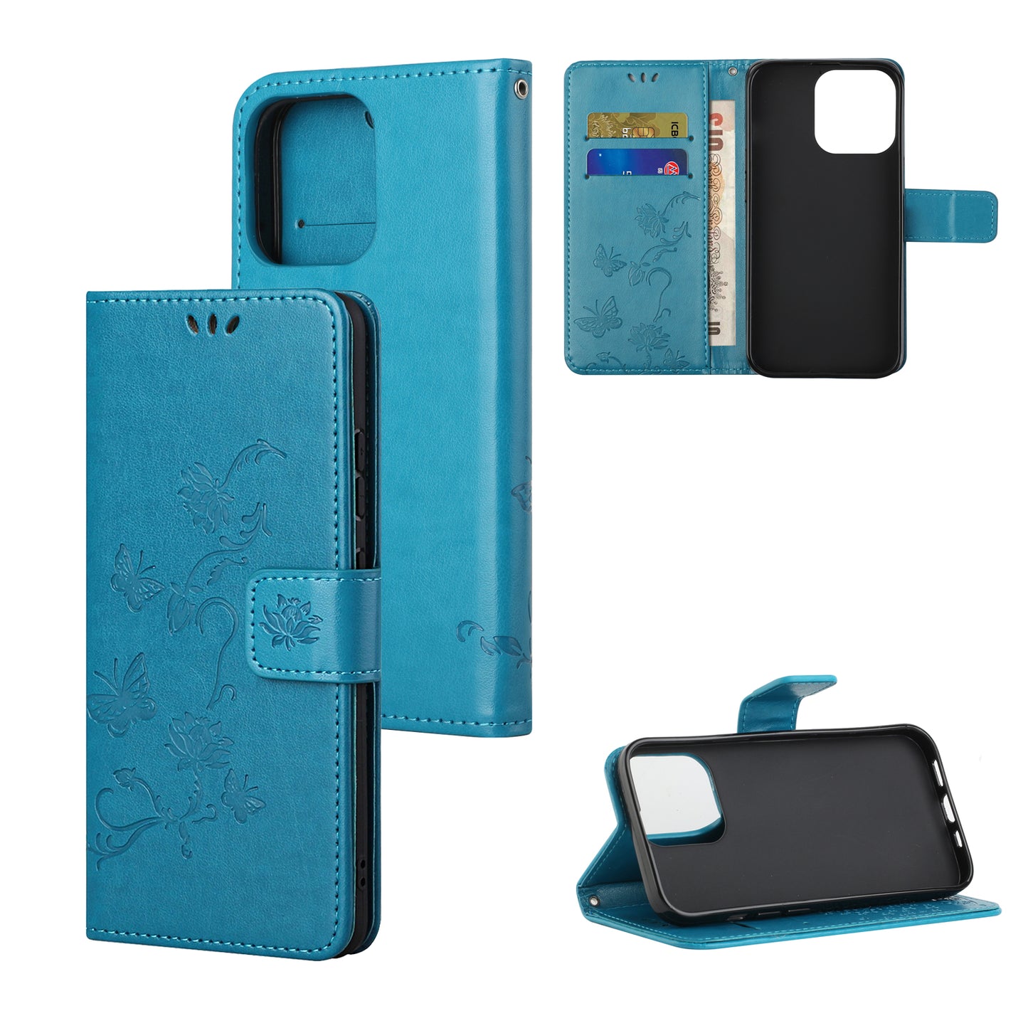 Imprint Butterfly Flower Leather Wallet Stand Phone Case Cover for iPhone 13 Pro