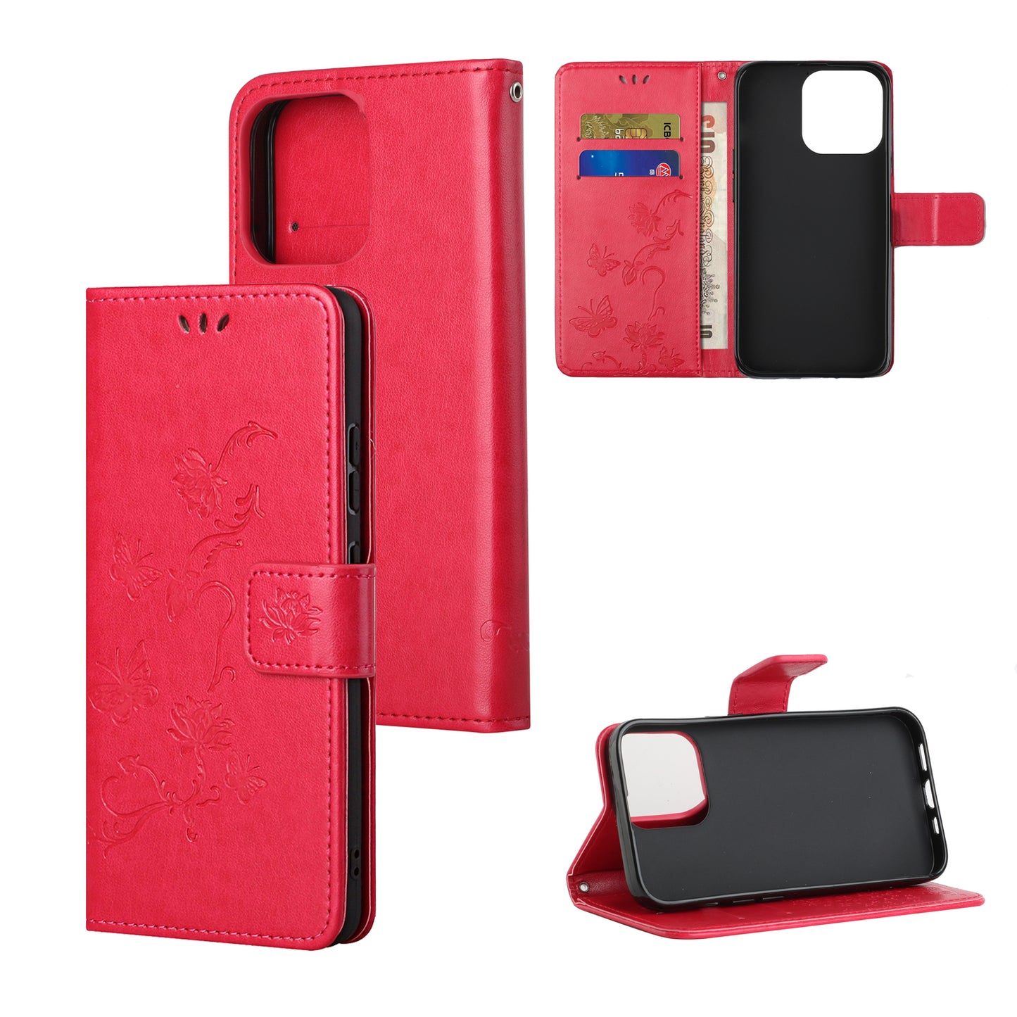 Imprint Butterfly Flower Leather Wallet Stand Phone Case Cover for iPhone 13 Pro