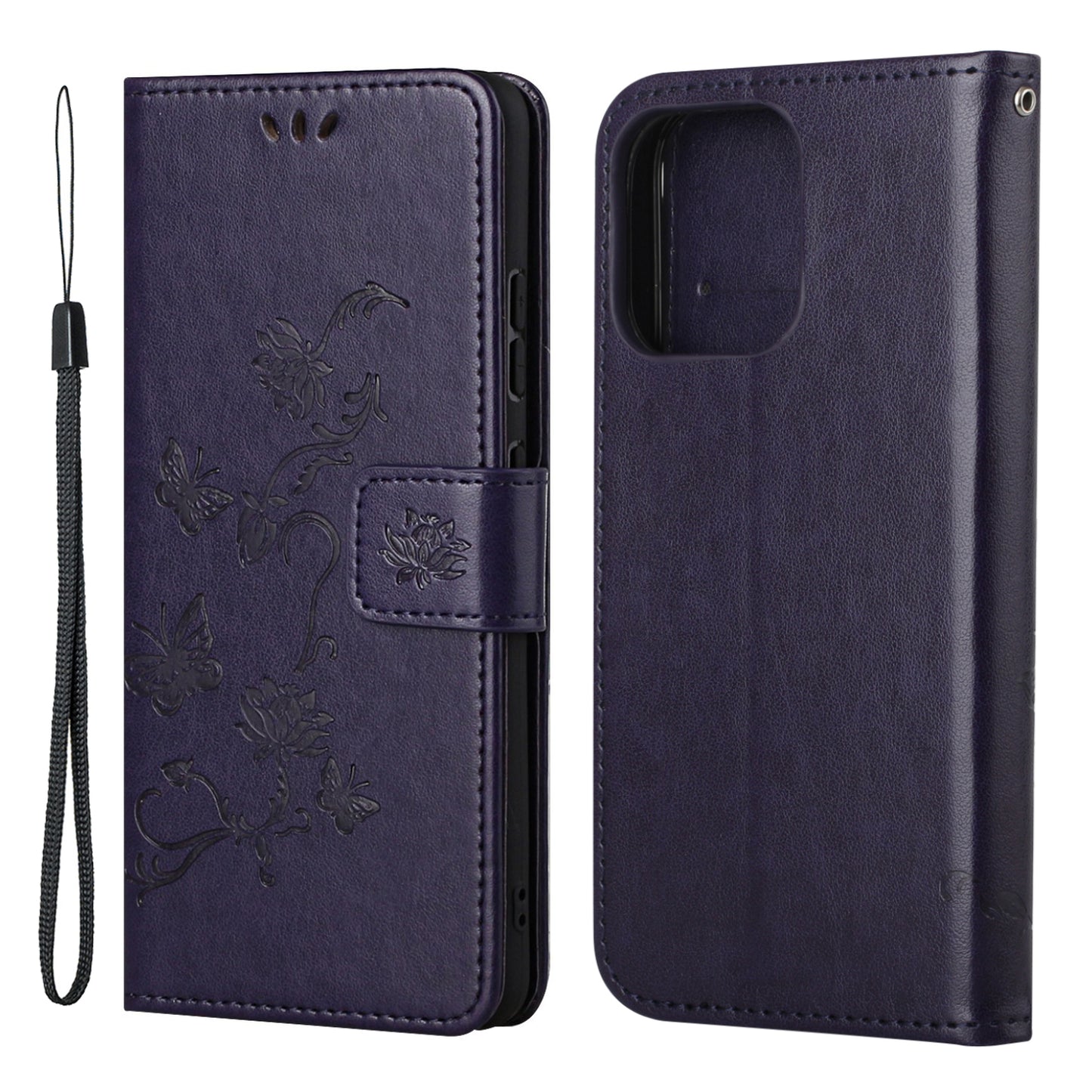 Imprint Butterfly Flower Leather Wallet Stand Phone Case Cover for iPhone 13 Pro