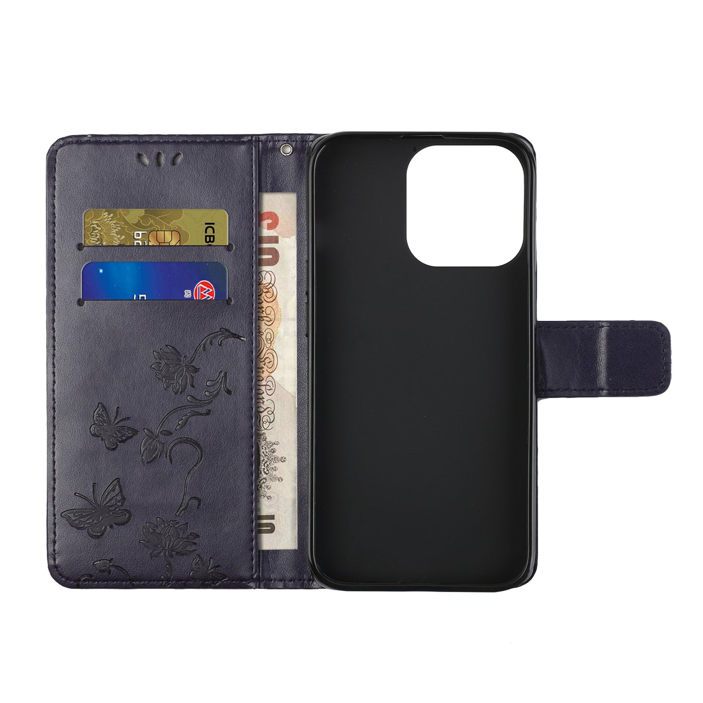 Imprint Butterfly Flower Leather Wallet Stand Phone Case Cover for iPhone 13 Pro