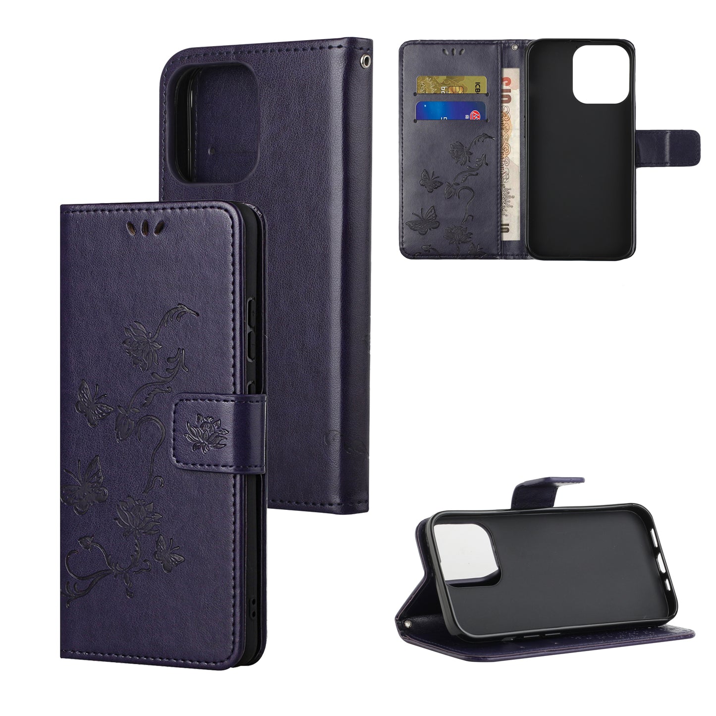 Imprint Butterfly Flower Leather Wallet Stand Phone Case Cover for iPhone 13 Pro