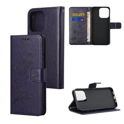 Imprint Butterfly Flower Leather Wallet Stand Phone Case Cover for iPhone 13 Pro