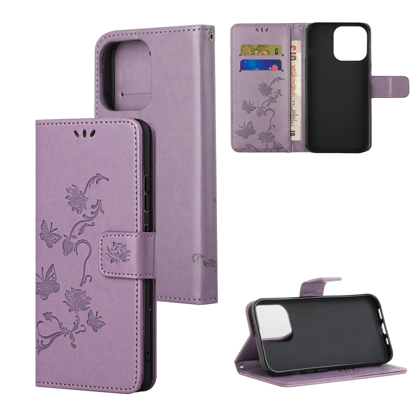 Imprint Butterfly Flower Leather Wallet Stand Phone Case Cover for iPhone 13 Pro