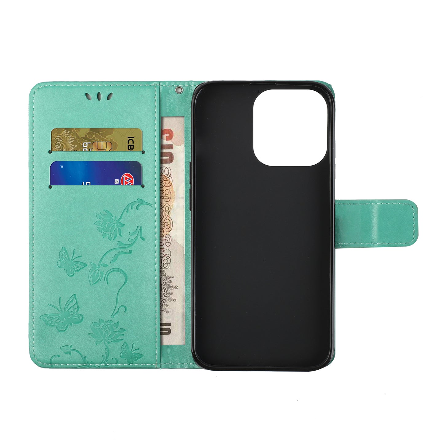 Imprint Butterfly Flower Leather Wallet Stand Phone Case Cover for iPhone 13 Pro