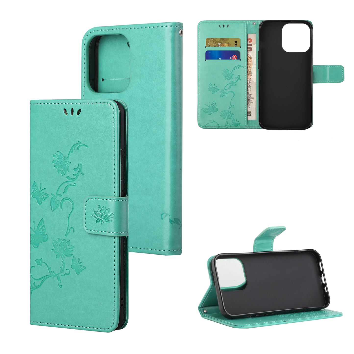 Imprint Butterfly Flower Leather Wallet Stand Phone Case Cover for iPhone 13 Pro