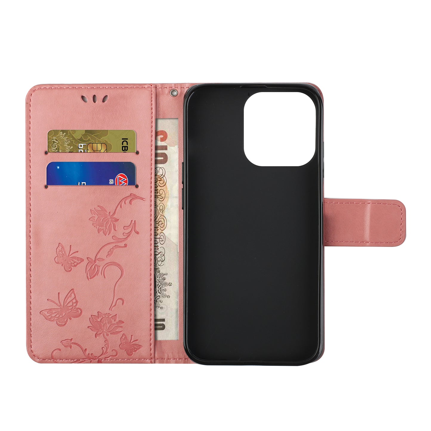 Imprint Butterfly Flower Leather Wallet Stand Phone Case Cover for iPhone 13 Pro