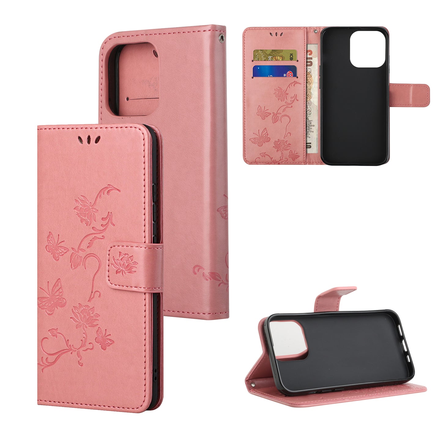 Imprint Butterfly Flower Leather Wallet Stand Phone Case Cover for iPhone 13 Pro
