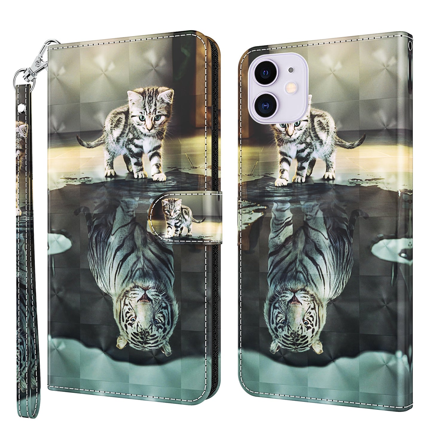 3D Style Pattern Printing Premium PU Leather Wallet Flip Flip Magnetic Stand Cover with Strap for iPhone 13 Pro 6.1 inch